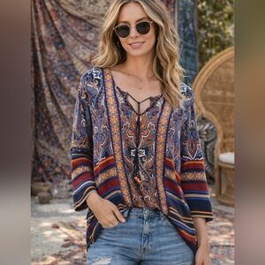 Ruby Rd Boho Paisley Stripe Top Multicolor Rayon Blend Flowy Tunic Peasant